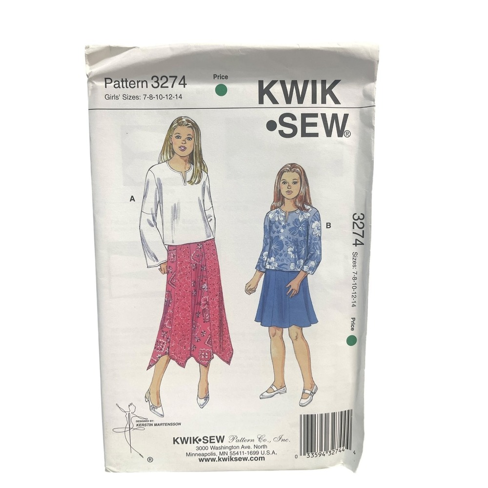 KWIK SEW 3274 Girls Tops Skirts Sizes 7-8-10-12-14 Flared Hanky Hem UNCUT